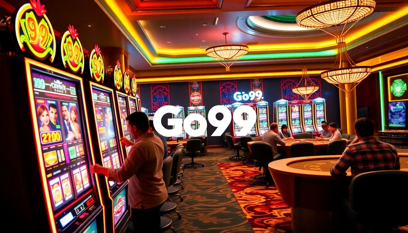 "Experience the excitement of Go99 with players winning at slot machines in a vibrant casino atmosphere."